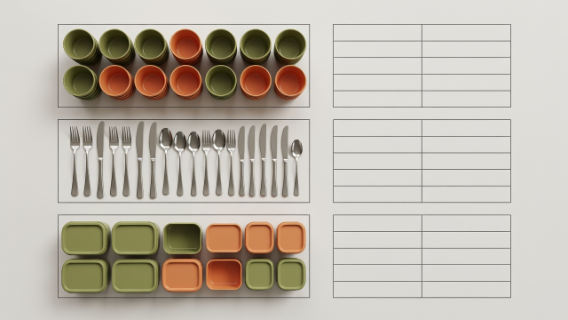 Flat supply groups showing cups, utensils and reusable boxes with clear quantity labels