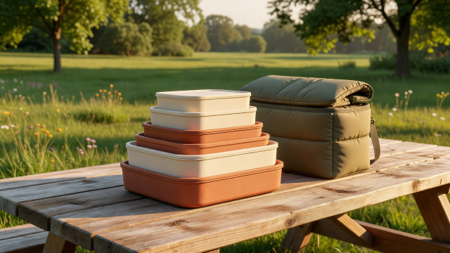 Flat vector diagram of nested cream food boxes with terracotta lids and an olive insulated picnic bag