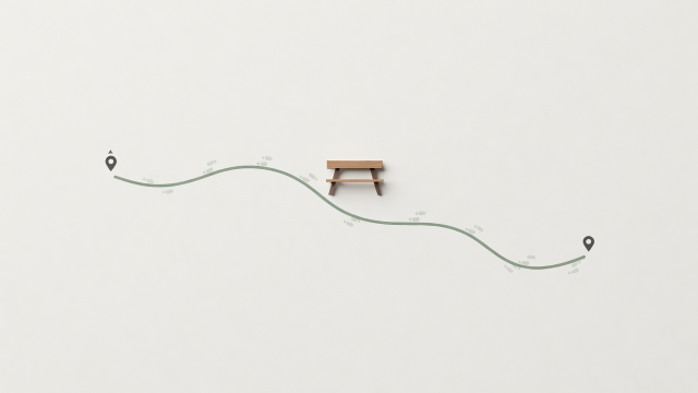 A simple flat itinerary path linking a meeting pin, walking route, picnic table and return stop